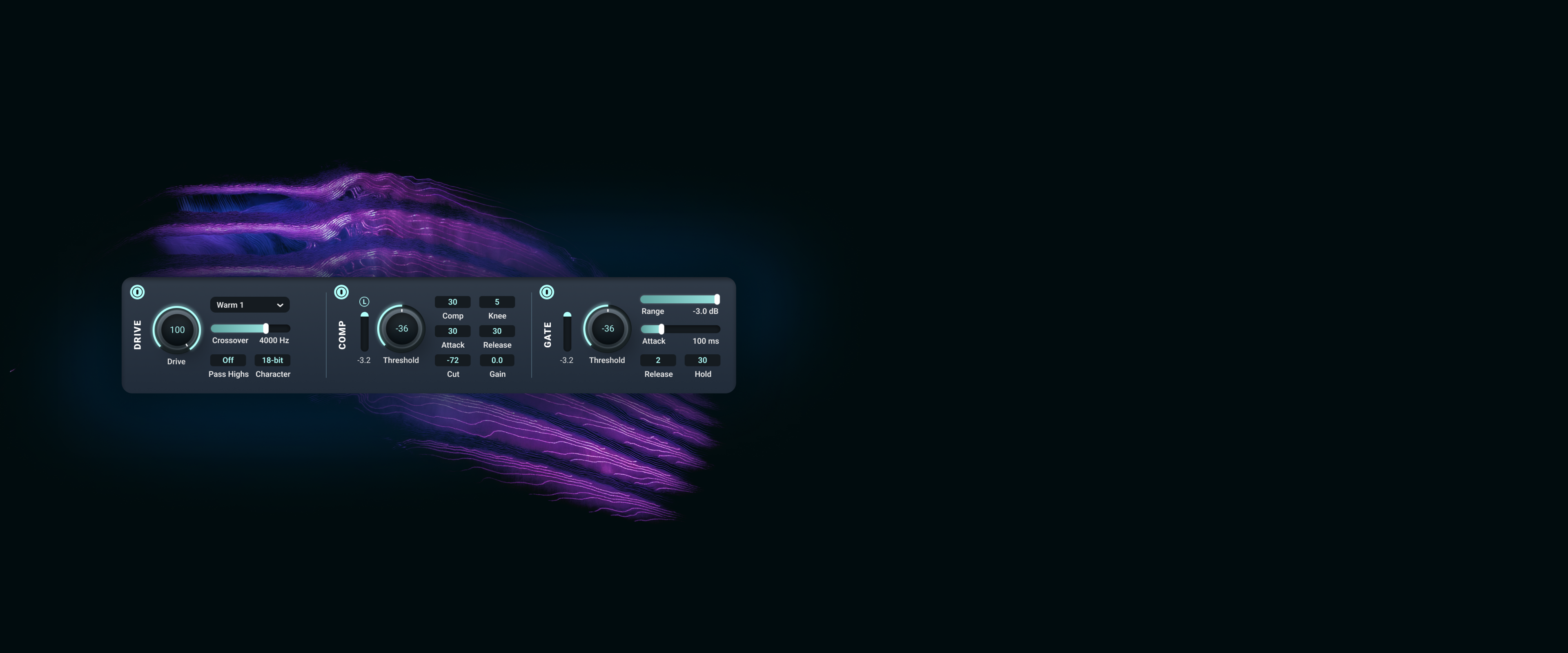 Software interface screenshot showing a spectral waterfall display and real-time gain reduction metering.