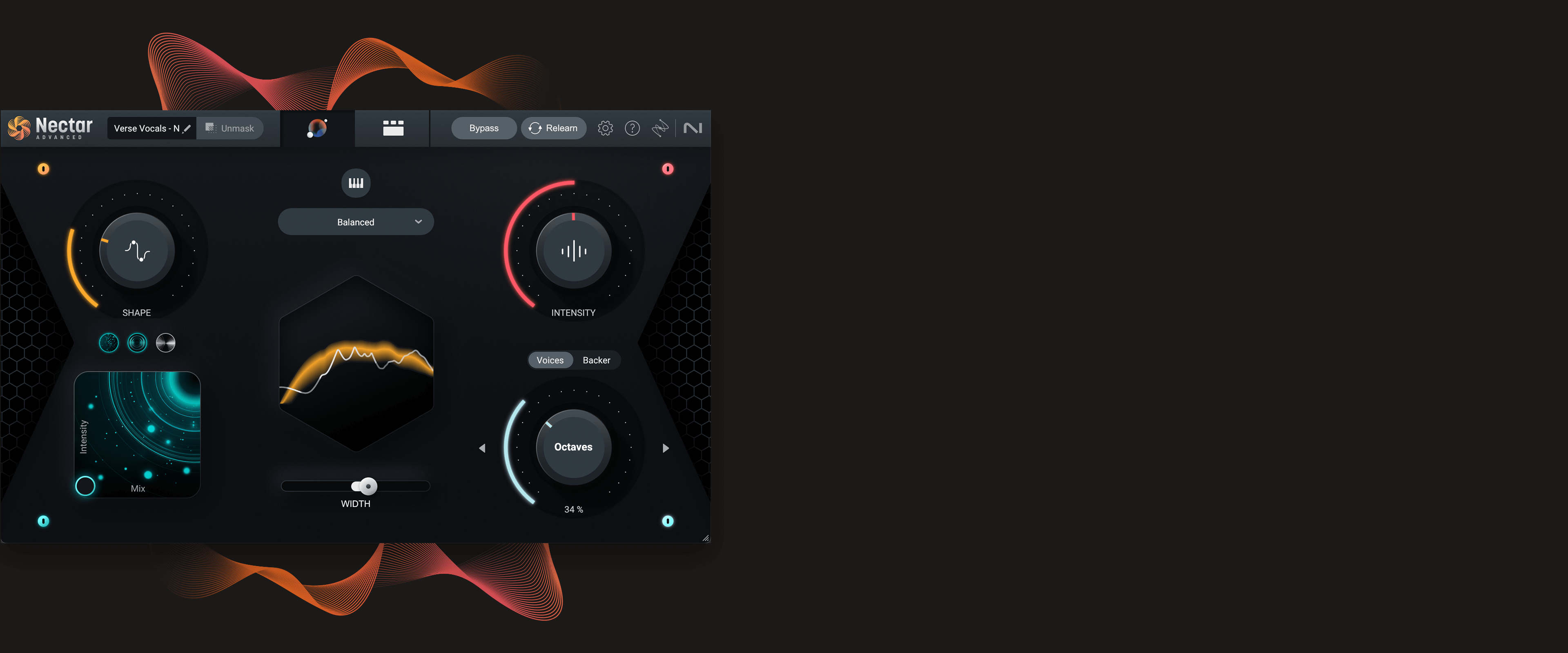 iZotope Nectar 4 Vocal Assistant interface showing the AI-driven 'Desire' and 'Intensity' controls.
